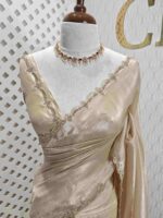 Crushed silk with floral beads motifs and scallop border - Image 4