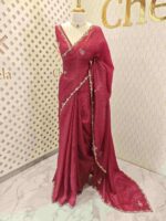 Crushed silk with floral beads motifs and scallop border - Image 21