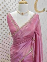 Crushed silk with floral beads motifs and scallop border - Image 25