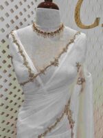 Crushed silk with floral beads motifs and scallop border - Image 31