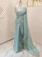 Crushed silk with floral beads motifs and scallop border - Image 36