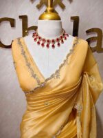 Crushed silk with floral beads motifs and scallop border - Image 49