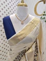 Kerala saree with pearl embroidery and satin like thread floral design - Image 2