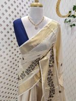 Kerala saree with pearl embroidery and satin like thread floral design