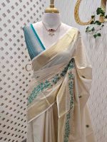 Kerala saree with pearl embroidery and satin like thread floral design - Image 4