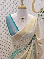 Kerala saree with pearl embroidery and satin like thread floral design - Image 5
