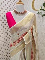 Kerala saree with pearl embroidery and satin like thread floral design - Image 7