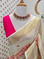 Kerala saree with pearl embroidery and satin like thread floral design - Image 8