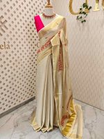 Kerala saree with pearl embroidery and satin like thread floral design - Image 9