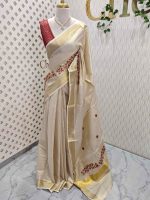 Kerala saree with pearl embroidery and satin like thread floral design - Image 12