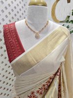 Kerala saree with pearl embroidery and satin like thread floral design - Image 11