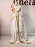 Kerala saree with rose flower plant like prints - Image 3