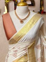 Kerala saree with stylized leafy prints - Image 2