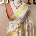 Kerala saree with stylized leafy prints