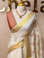 Kerala saree with stylized leafy prints