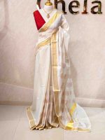 Kerala saree with combination of floral and leafy print motifs - Image 3