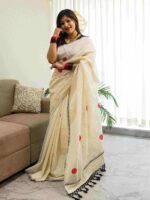 Kerala saree with big polka dots and contrast blouse