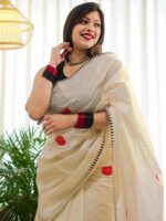 Kerala saree with big polka dots and contrast blouse - Image 2