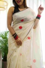 Kerala saree with big polka dots and contrast blouse - Image 3