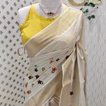 Kerala saree with random flower with leaf thread work