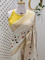 Kerala saree with random flower with leaf thread work