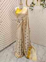 Kerala saree with random flower with leaf thread work - Image 3