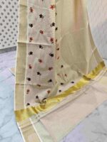 Kerala saree with random flower with leaf thread work - Image 9