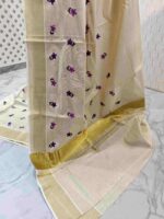 Kerala saree with random flower with leaf thread work - Image 5