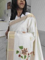 Kerala saree with multi colour hand painted floral and leafy applique like pattern - Image 8