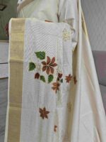 Kerala saree with multi colour hand painted floral and leafy applique like pattern - Image 7