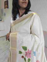 Kerala saree with multi colour hand painted floral and leafy applique like pattern - Image 11