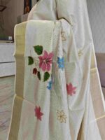 Kerala saree with multi colour hand painted floral and leafy applique like pattern - Image 10