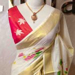 Kerala saree with multi colour hand painted floral and leafy applique like pattern