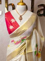 Kerala saree with multi colour hand painted floral and leafy applique like pattern