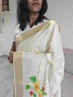 Kerala saree with multi colour hand painted floral and leafy applique like pattern - Image 14