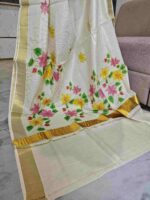 Kerala saree with multi colour hand painted floral and leafy applique like pattern - Image 15