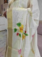 Kerala saree with multi colour hand painted floral and leafy applique like pattern - Image 13