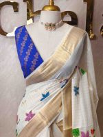 Kerala saree with multi colour hand painted floral and leafy applique like pattern - Image 4