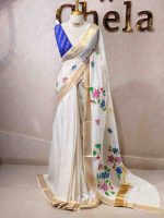 Kerala saree with multi colour hand painted floral and leafy applique like pattern - Image 6