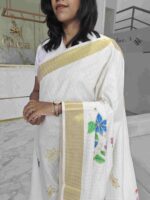 Kerala saree with multi colour hand painted floral and leafy applique like pattern - Image 17