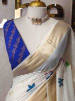 Kerala saree with multi colour hand painted floral and leafy applique like pattern - Image 5