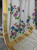Kerala saree with multi colour hand painted floral and leafy applique like pattern - Image 18