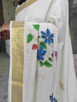 Kerala saree with multi colour hand painted floral and leafy applique like pattern - Image 16