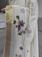 Kerala saree with multi colour hand painted floral and leafy applique like pattern - Image 19