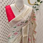 Kerala saree with big lotus plant digital print design