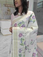 Kerala saree with morning glory like flower and tissue texture - Image 3