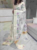 Kerala saree with morning glory like flower and tissue texture
