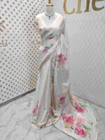 Kerala saree with big multi colour floral digital print - Image 4