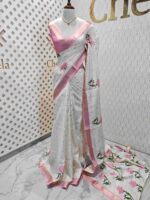 Kerala saree with floral and leafy digital print - Image 4