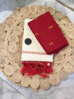 Kerala saree with polka dot and flower like buttas on blouse - Image 3